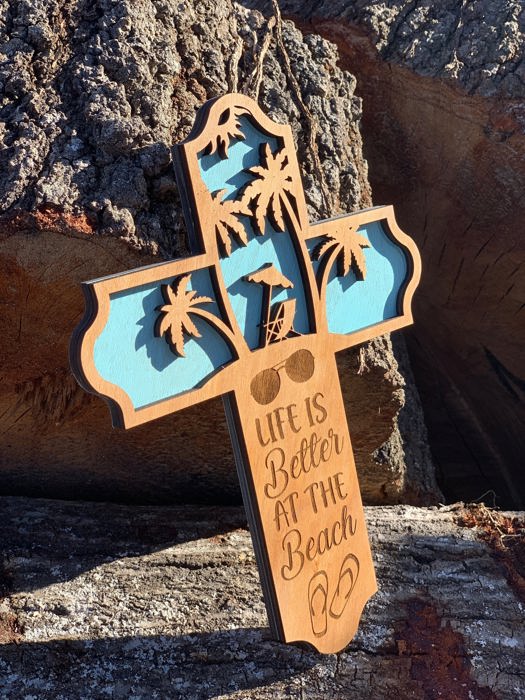 Wooden Beach Cross | Laser Cut Hand Painted Wall Decor | Coastal Home and Beach Wedding Gift | Faith Keepsake