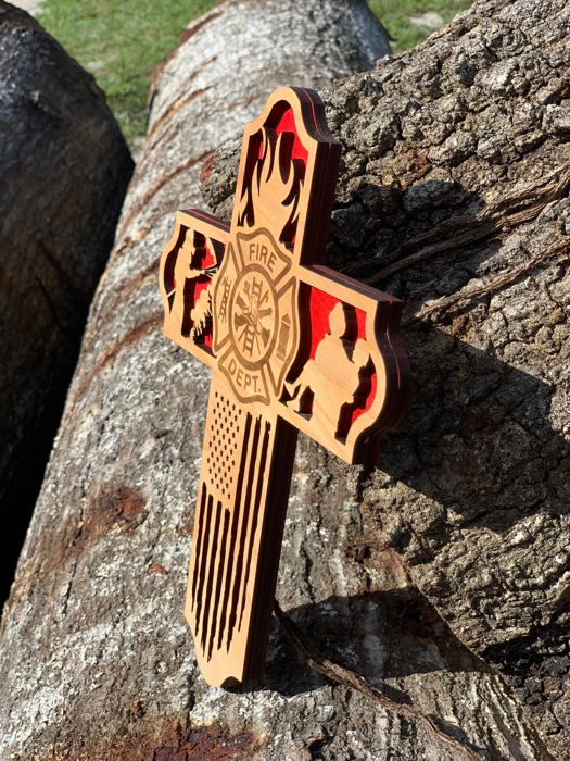 Wooden Firefighter Cross | Laser Cut Hand Painted Wall Decor | Fireman Retirement and Academy Gift | Faith Keepsake