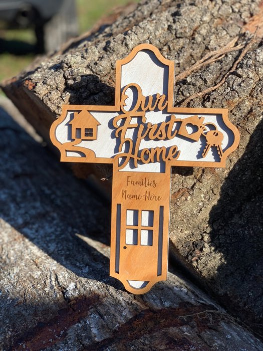 Wooden First Home Cross | Laser Cut Hand Painted Wall Decor | Housewarming and Realtor Closing Gift | Faith Keepsake