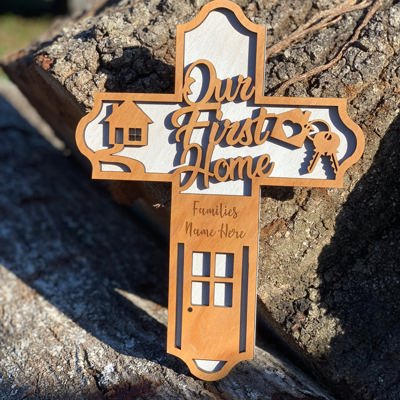 Wooden First Home Cross | Laser Cut Hand Painted Wall Decor | Housewarming and Realtor Closing Gift | Faith Keepsake