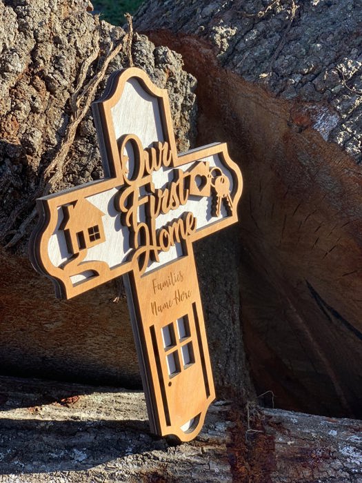 Wooden First Home Cross | Laser Cut Hand Painted Wall Decor | Housewarming and Realtor Closing Gift | Faith Keepsake