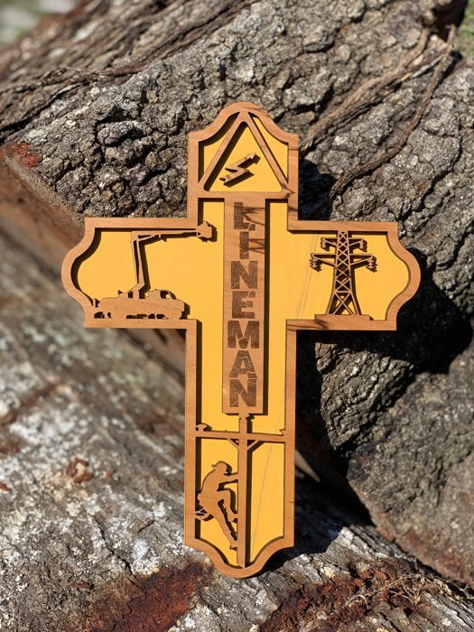 Wooden Lineman Cross | Laser Cut Hand Painted Wall Decor | Power Lineman and Lineman Wife Gift | Faith Keepsake