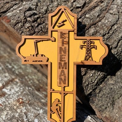 Wooden Lineman Cross | Laser Cut Hand Painted Wall Decor | Power Lineman and Lineman Wife Gift | Faith Keepsake