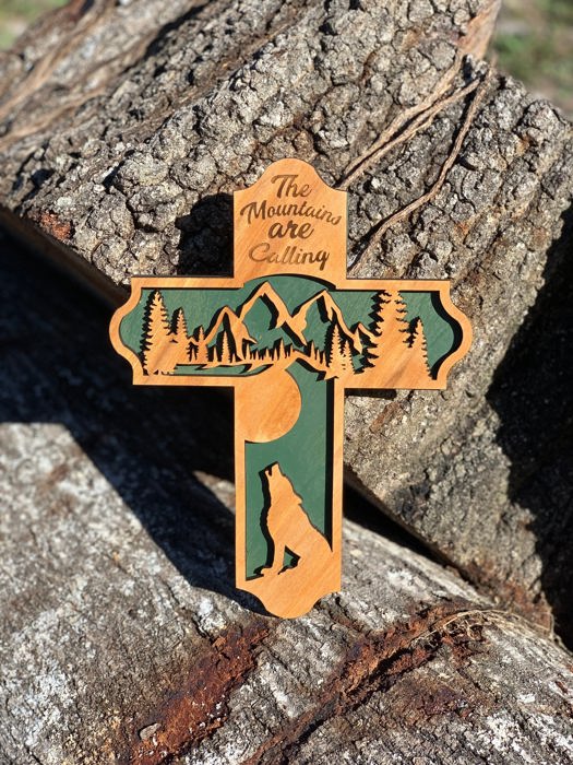 Wooden Mountain Cross | Laser Cut Hand Painted Wall Decor | Cabin, Lodge and Nature Lover Gift | Faith Keepsake