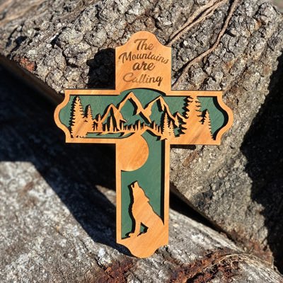 Wooden Mountain Cross | Laser Cut Hand Painted Wall Decor | Cabin, Lodge and Nature Lover Gift | Faith Keepsake