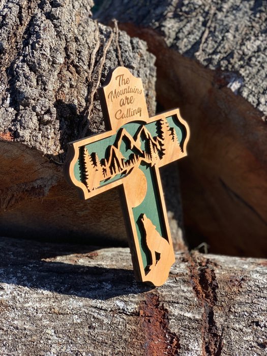 Wooden Mountain Cross | Laser Cut Hand Painted Wall Decor | Cabin, Lodge and Nature Lover Gift | Faith Keepsake