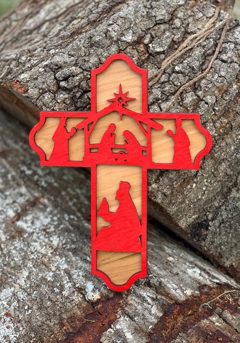 Wooden Nativity Scene Cross | Laser Cut Hand Painted Wall Decor | Christmas and Christian Faith Gift | Faith Keepsake