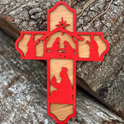 Wooden Nativity Scene Cross | Laser Cut Hand Painted Wall Decor | Christmas and Christian Faith Gift | Faith Keepsake