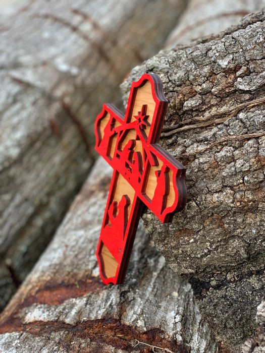 Wooden Nativity Scene Cross | Laser Cut Hand Painted Wall Decor | Christmas and Christian Faith Gift | Faith Keepsake