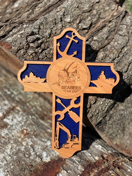 Wooden Seabee Cross | Laser Cut Hand Painted Wall Decor | Navy Seabee Retirement Gift | Faith Keepsake