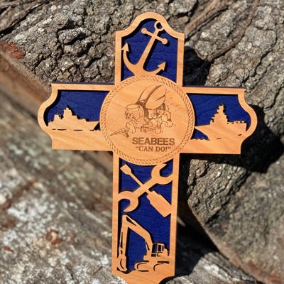 Wooden Seabee Cross | Laser Cut Hand Painted Wall Decor | Navy Seabee Retirement Gift | Faith Keepsake