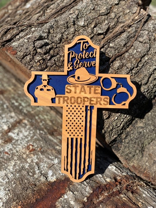 Wooden State Trooper Cross | Laser Cut Hand Painted Wall Decor | Law Enforcement and Trooper Gift | Faith Keepsake