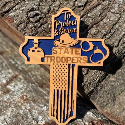 Wooden State Trooper Cross | Laser Cut Hand Painted Wall Decor | Law Enforcement and Trooper Gift | Faith Keepsake