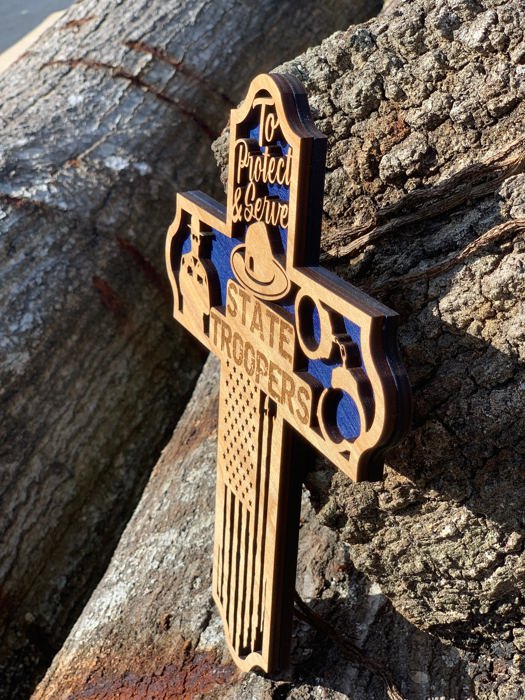 Wooden State Trooper Cross | Laser Cut Hand Painted Wall Decor | Law Enforcement and Trooper Gift | Faith Keepsake