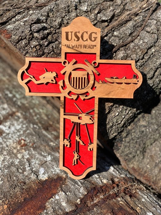 Wooden Coast Guard Cross | Laser Cut Hand Painted Wall Decor | USCG Veteran and Retirement Gift | Faith Keepsake