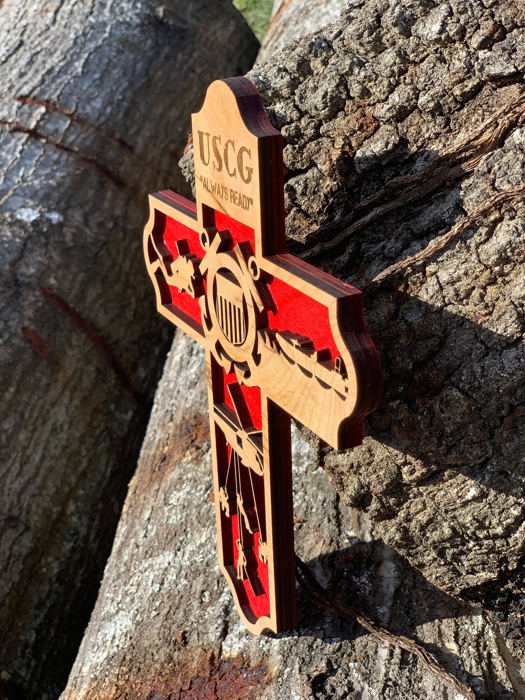 Wooden Coast Guard Cross | Laser Cut Hand Painted Wall Decor | USCG Veteran and Retirement Gift | Faith Keepsake