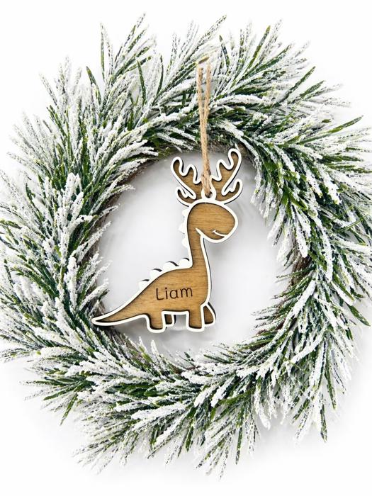 Personalized Dinosaur Christmas Ornament, Dinosaur Reindeer Custom Wood Ornament, Custom Dinosaur Tag, Stocking Tag for Kids