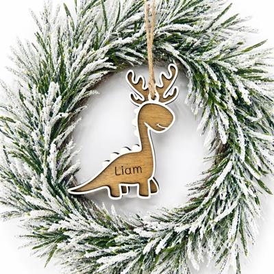 Personalized Dinosaur Christmas Ornament, Dinosaur Reindeer Custom Wood Ornament, Custom Dinosaur Tag, Stocking Tag for Kids