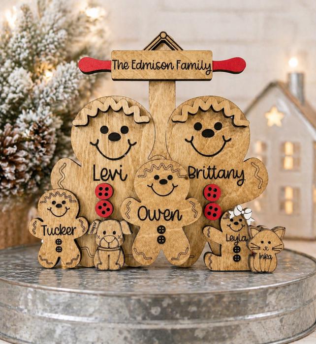 Personalized With Name Gingerbread Family Sign, Farmhouse Christmas Tier Tray Decor, Christmas Decorations, Gingerbread Family