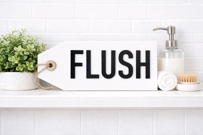 Flush Bathroom Sign, Kid's Bathroom Decor, Wooden Bathroom Tag