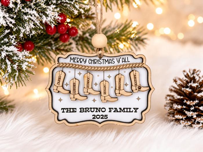 Custom Cowboy Christmas Wooden Ornament, Personalized Family Names Ornament, Christmas Western Family Gifts
