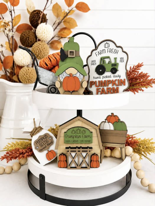 Pumpkin Farm Tiered Tray Decor Set | Farm Fresh Fall Shelf Sitters | Wooden Pumpkin Patch Gnome Decor | Rustic Autumn Farmhouse Tray Decor