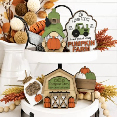 Pumpkin Farm Tiered Tray Decor Set | Farm Fresh Fall Shelf Sitters | Wooden Pumpkin Patch Gnome Decor | Rustic Autumn Farmhouse Tray Decor
