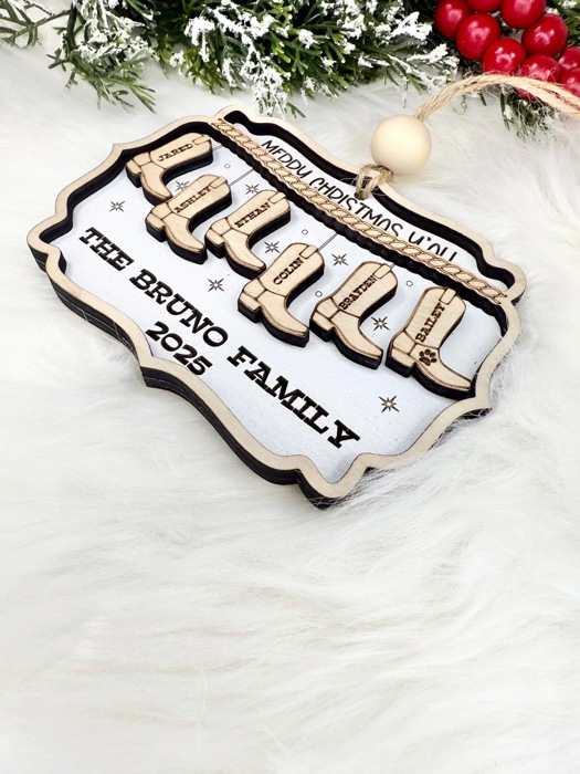 Custom Cowboy Christmas Wooden Ornament, Personalized Family Names Ornament, Christmas Western Family Gifts