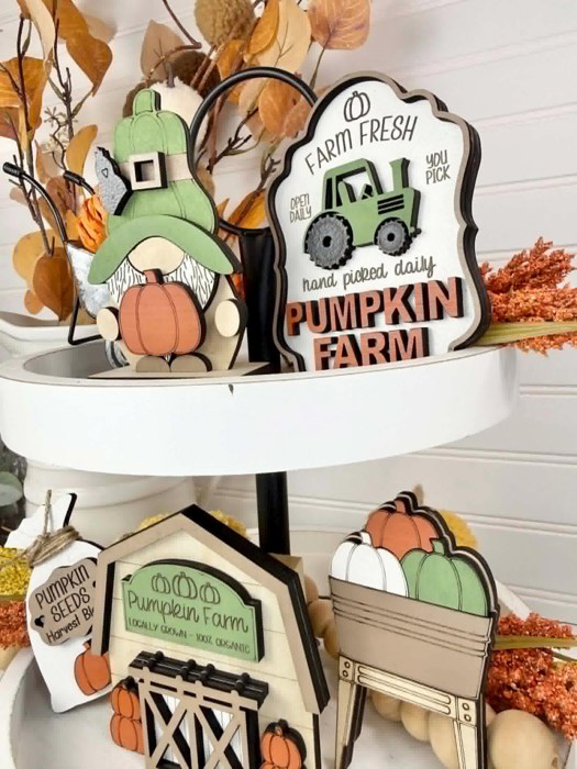 Pumpkin Farm Tiered Tray Decor Set | Farm Fresh Fall Shelf Sitters | Wooden Pumpkin Patch Gnome Decor | Rustic Autumn Farmhouse Tray Decor