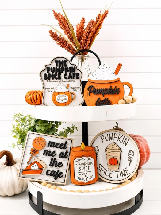 Pumpkin Spice Tiered Tray Decor | Fall Coffee Bar Decor | Pumpkin Spice Latte Wood Sign Set | Autumn Farmhouse Shelf Sitter | Fall Decor