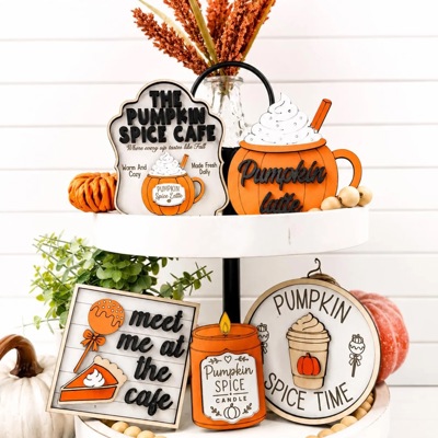 Pumpkin Spice Tiered Tray Decor | Fall Coffee Bar Decor | Pumpkin Spice Latte Wood Sign Set | Autumn Farmhouse Shelf Sitter | Fall Decor