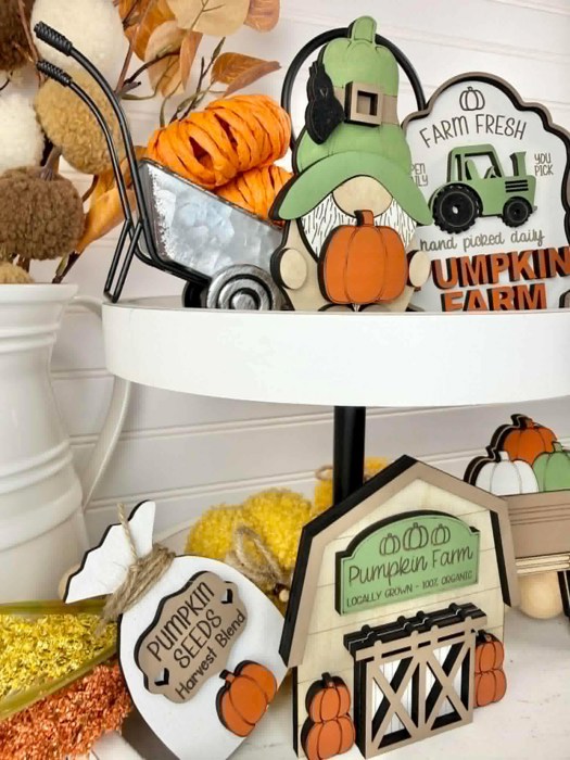 Pumpkin Farm Tiered Tray Decor Set | Farm Fresh Fall Shelf Sitters | Wooden Pumpkin Patch Gnome Decor | Rustic Autumn Farmhouse Tray Decor