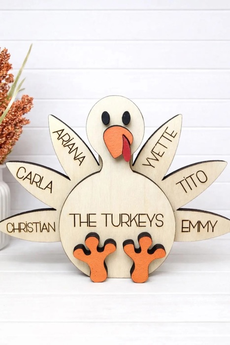 Personalized Turkey Name Sign, Family Thanksgiving Decor, Custom Wooden Turkey, Kids Name Sign, Fall Shelf Sitter, Thanksgiving Centerpiece