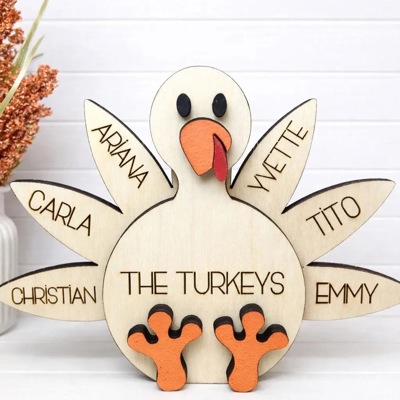 Personalized Turkey Name Sign, Family Thanksgiving Decor, Custom Wooden Turkey, Kids Name Sign, Fall Shelf Sitter, Thanksgiving Centerpiece