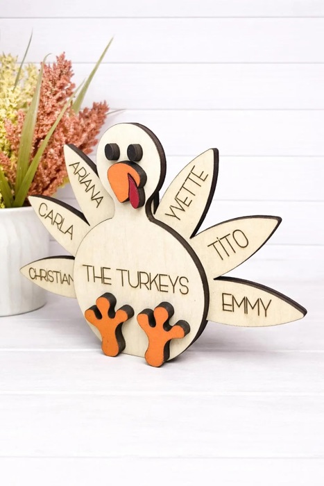Personalized Turkey Name Sign, Family Thanksgiving Decor, Custom Wooden Turkey, Kids Name Sign, Fall Shelf Sitter, Thanksgiving Centerpiece
