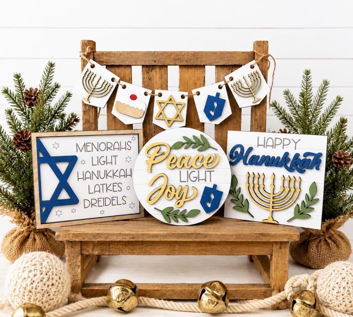 Hanukkah Tiered Tray Decor Set | Jewish Holiday Decor | Happy Hanukkah Signs | Menorah Dreidel Latke Decor | Hanukkah Home Decor