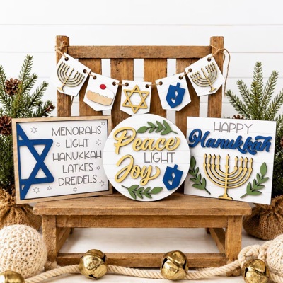 Hanukkah Tiered Tray Decor Set | Jewish Holiday Decor | Happy Hanukkah Signs | Menorah Dreidel Latke Decor | Hanukkah Home Decor