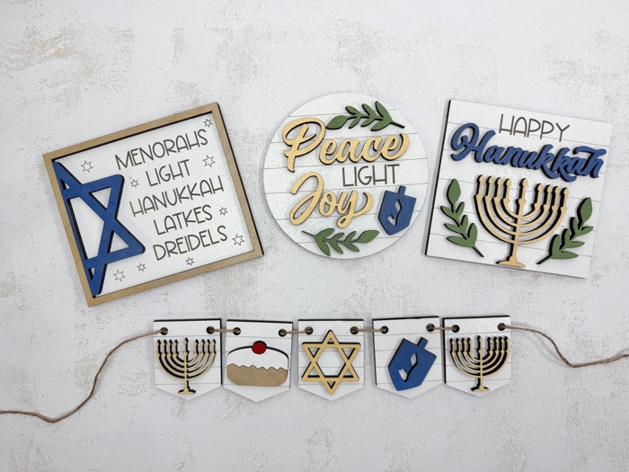 Hanukkah Tiered Tray Decor Set | Jewish Holiday Decor | Happy Hanukkah Signs | Menorah Dreidel Latke Decor | Hanukkah Home Decor