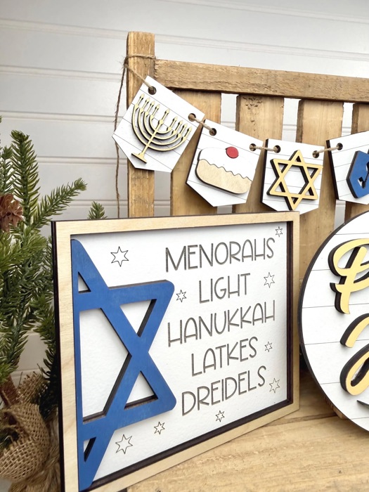 Hanukkah Tiered Tray Decor Set | Jewish Holiday Decor | Happy Hanukkah Signs | Menorah Dreidel Latke Decor | Hanukkah Home Decor