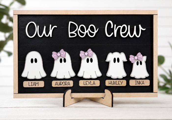 Personalized Ghost Family Sign,Our Boo Crew Sign,Halloween Family Name Sign,Custom Ghost Decor,Halloween Shelf Sitter,Spooky Family Decor