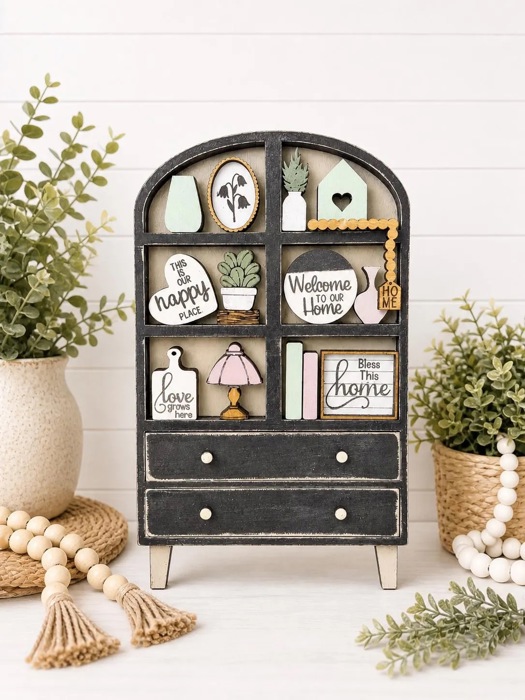 Farmhouse Hutch Tiered Tray Decor Set | Mini Wooden Shelf Sitter | Neutral Home Decor |Neutral Home Accents