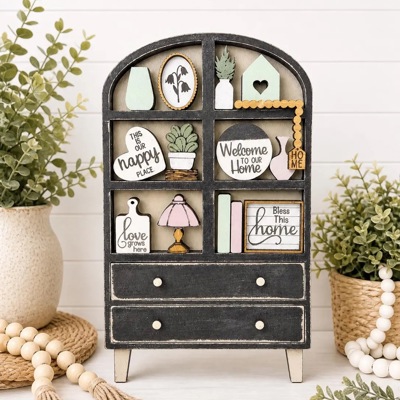 Farmhouse Hutch Tiered Tray Decor Set | Mini Wooden Shelf Sitter | Neutral Home Decor |Neutral Home Accents