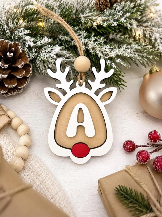Personalized Reindeer Ornament, Custom Name Christmas Ornament, Rudolph Ornament, Wooden Initial Ornament, Kids Christmas Decor