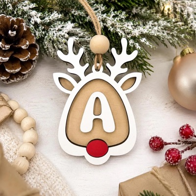 Personalized Reindeer Ornament, Custom Name Christmas Ornament, Rudolph Ornament, Wooden Initial Ornament, Kids Christmas Decor