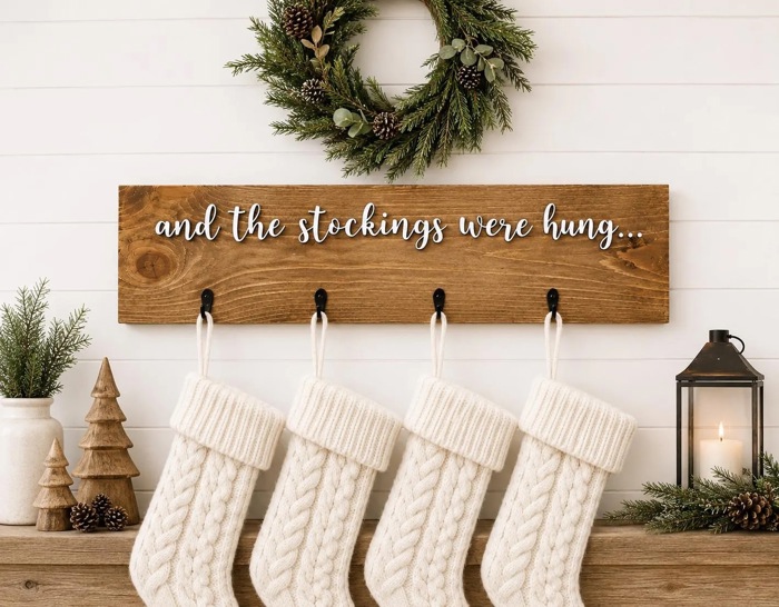 And the stockings were hung, Stocking hanger, Wooden stocking sign with hooks, wall stocking sign hanger, stocking display