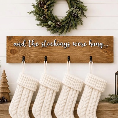 And the stockings were hung, Stocking hanger, Wooden stocking sign with hooks, wall stocking sign hanger, stocking display
