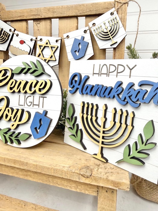 Hanukkah Tiered Tray Decor Set | Jewish Holiday Decor | Happy Hanukkah Signs | Menorah Dreidel Latke Decor | Hanukkah Home Decor