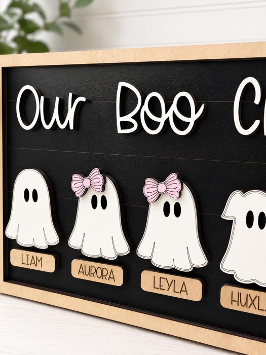 Personalized Ghost Family Sign,Our Boo Crew Sign,Halloween Family Name Sign,Custom Ghost Decor,Halloween Shelf Sitter,Spooky Family Decor