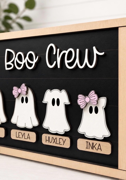 Personalized Ghost Family Sign,Our Boo Crew Sign,Halloween Family Name Sign,Custom Ghost Decor,Halloween Shelf Sitter,Spooky Family Decor