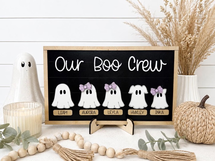 Personalized Ghost Family Sign,Our Boo Crew Sign,Halloween Family Name Sign,Custom Ghost Decor,Halloween Shelf Sitter,Spooky Family Decor